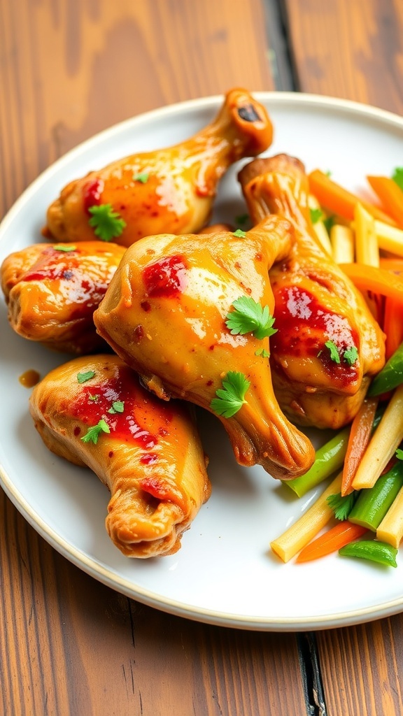 Golden brown chicken drumsticks garnished with parsley on a rustic plate with vegetables.